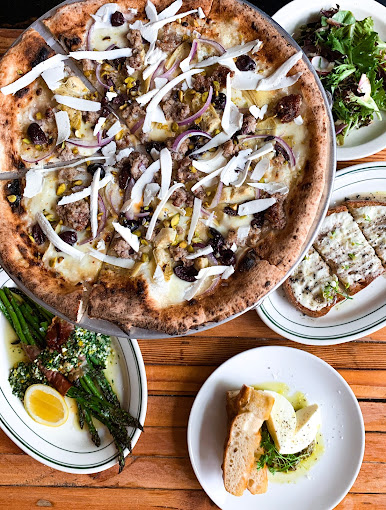 Pizza with side of Asparagus